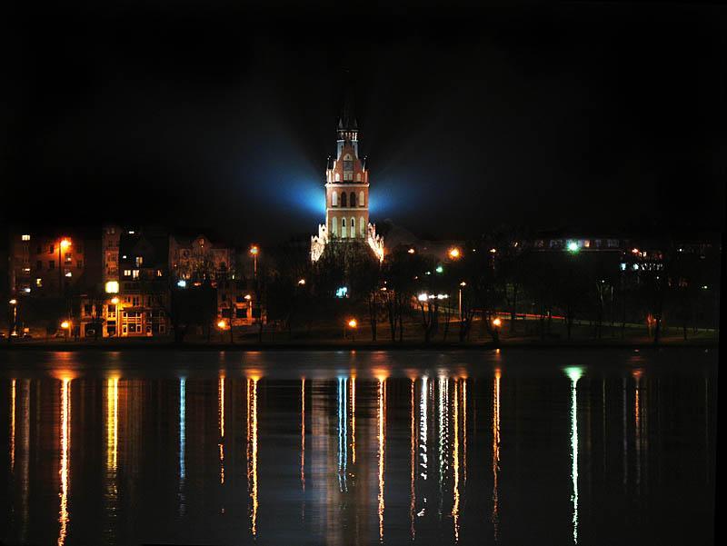 panorama, jezioro, noc, ełk
