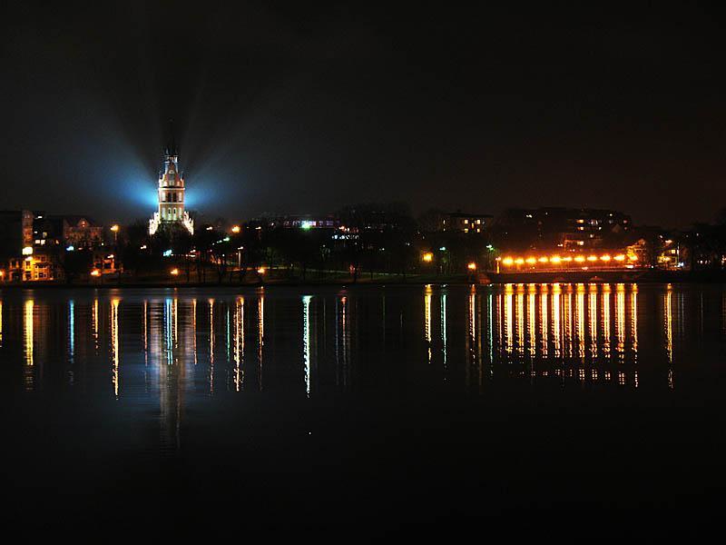 panorama, jezioro, noc, ełk