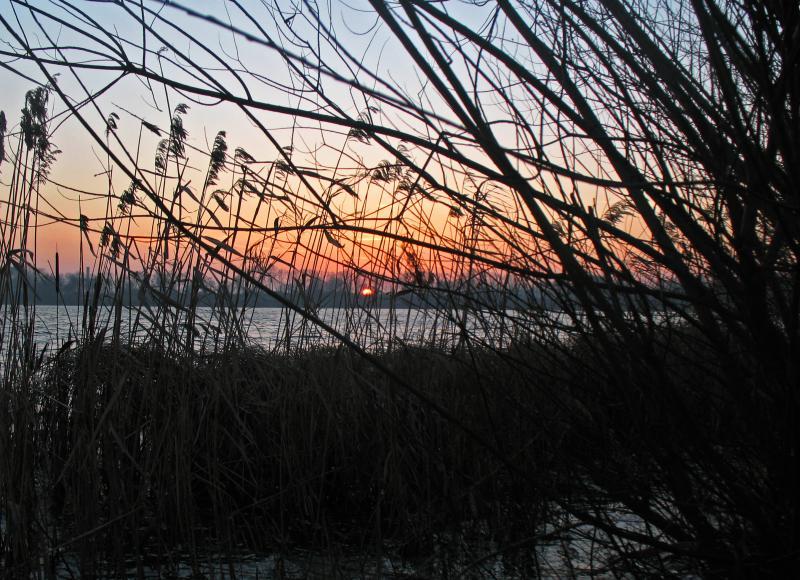 jezioro, zachód, noc, mazury