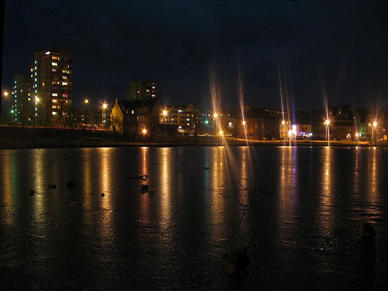 jezioro, noc, zima, ełk, lód