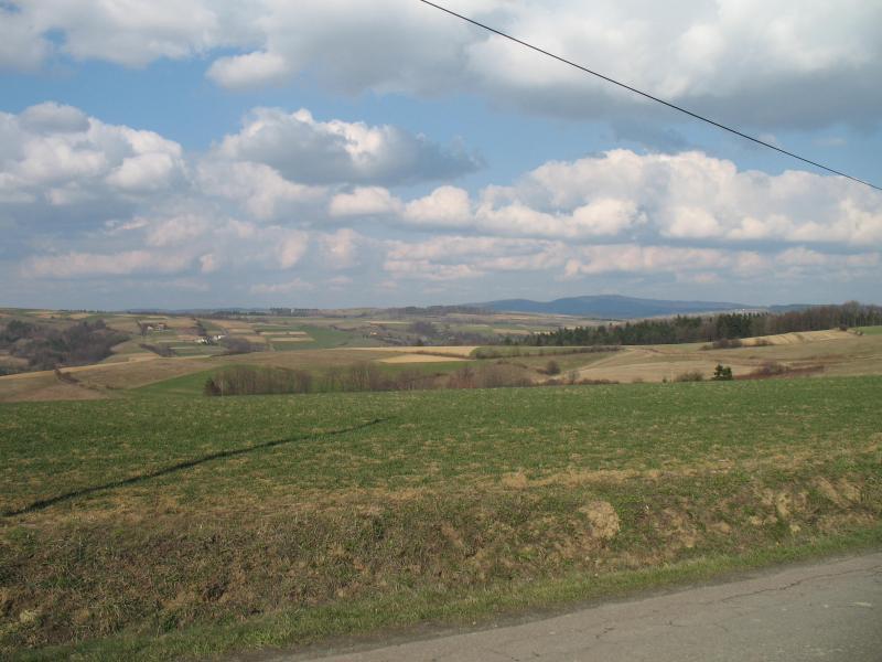 Wiejska panorama z polami, drogą i linią energetyczną