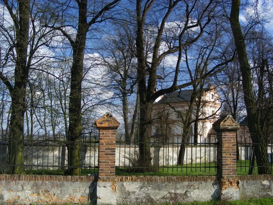 Ogrodzenie pałacu i stary kościół (w tle) w Boguchwale