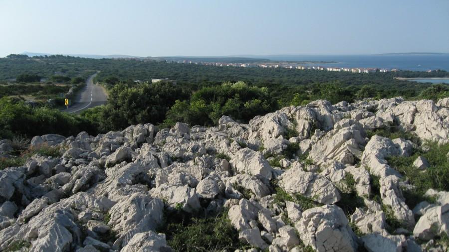 Widok, w tle Novalja, z lewej droga z Lun