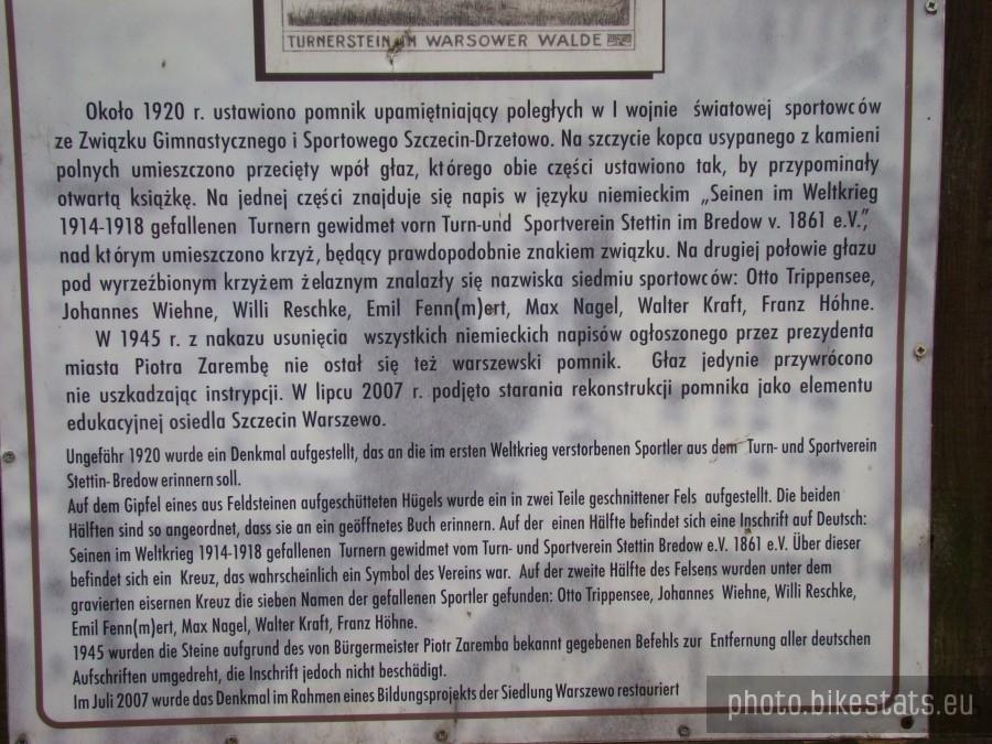 Tablica informacyjna o historii pomnika stojacego w środku lasu.