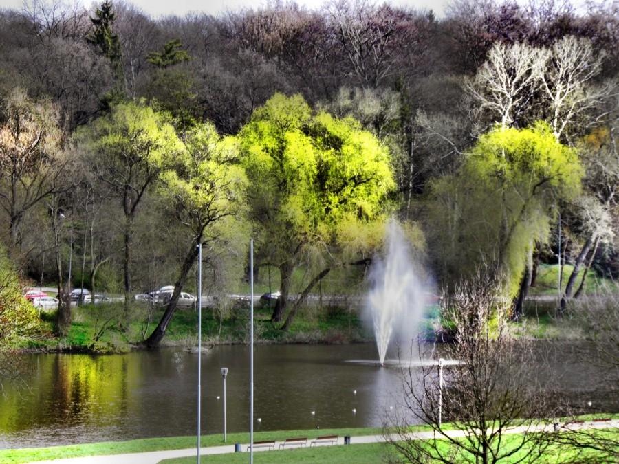 Park Kasprowicza a w dole jezioro Rusałka z malowniczą fontanną.