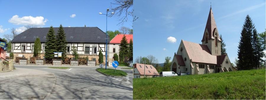 Stronie Śląskie zjazd w stronę Czarnej Góry i otaczając go budynki.