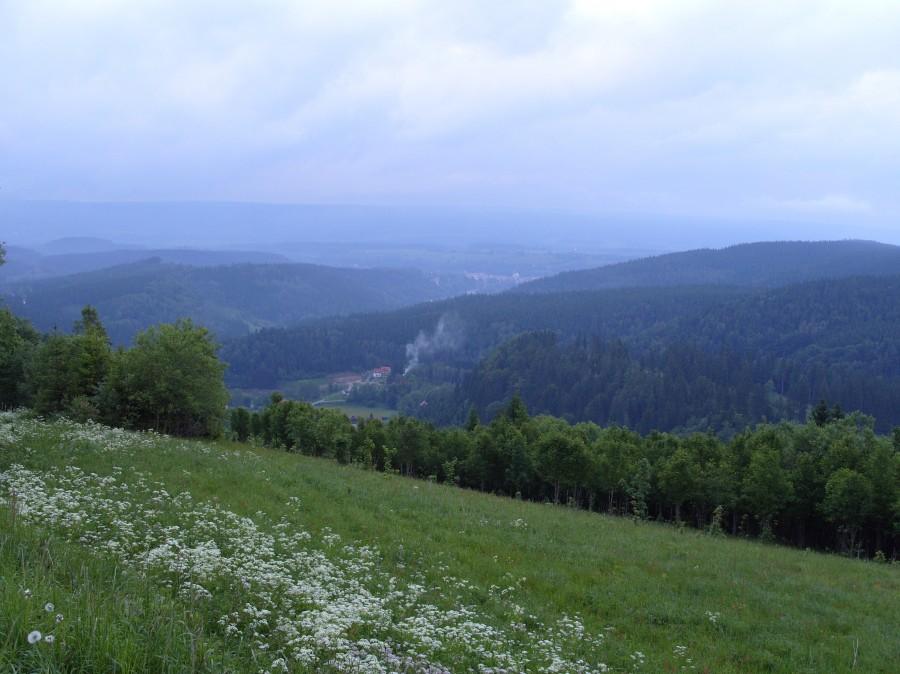 Z miejsca widokowego prawie na szczycie Zieleńca Jamrozowa Polana i Duszniki.