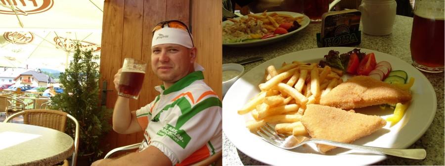 Wreszcie upragniony obiad w bardzo przytulnej restauracji Losin. Lejący się smażony ser ;) frytki i właśnie to! piwo 12% rozkoszy ;), delikatność ukryta w mocy.