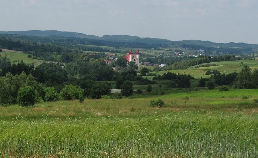 sanktuarium w Czermnej wyrasta nagle w dolince