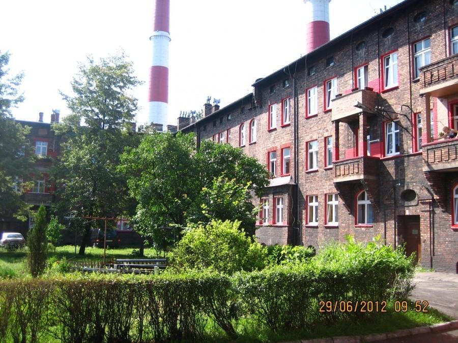 zielony dziedziniec na tyłach domów w Nikiszowcu