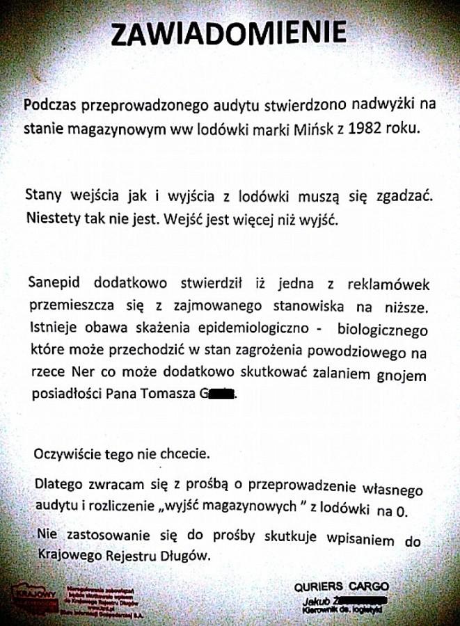 Audyt stanu magazynowego firmowej lodówki i zawiadomienie dla pracowników