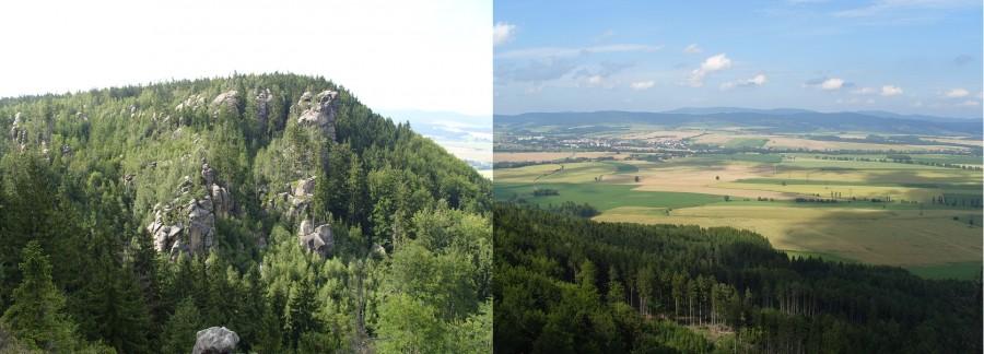 Panorama z wielkiej skały w słońcu i cieniu.