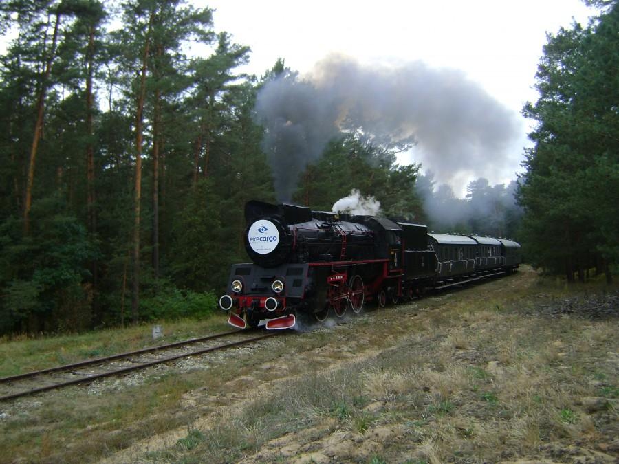 Parowóz Ol49-69 ze składem retro zmierza do Spały na wysokości Glinnika
