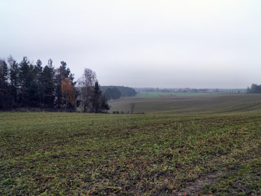 W oddali we mgle miejscowość Plöwen , wcześniej uprzątnięte pola.