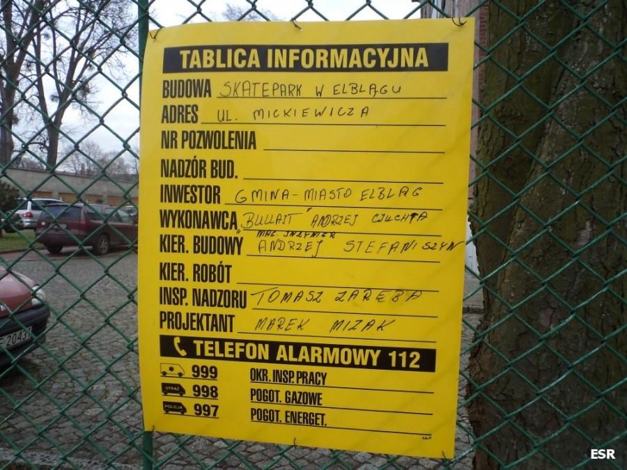 Tablica informacyjna budowy: Skatepark w Elblągu