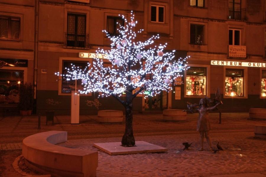 Iluminacja na drzewku przy "Fontannie z dziewczynką".