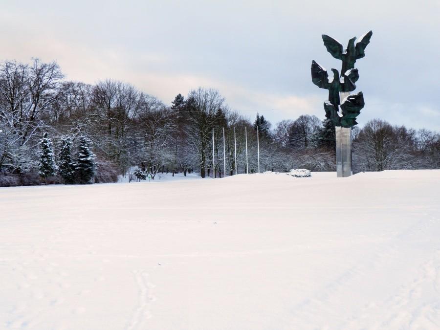 Nad ranem znowu sypnęło śniegiem - na zdjęciu pomnik Czynu Polaków.