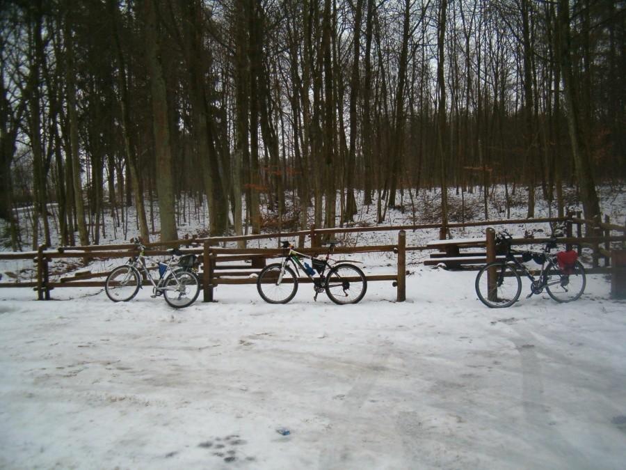Sobotnie rowerowanie. Rowerki na leśnym parkingu. 16-02-2012.