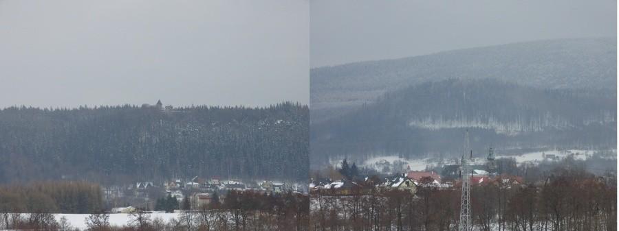 Widok na zamek w Szczytnej i okolice z początku podjazdu na Batorów.