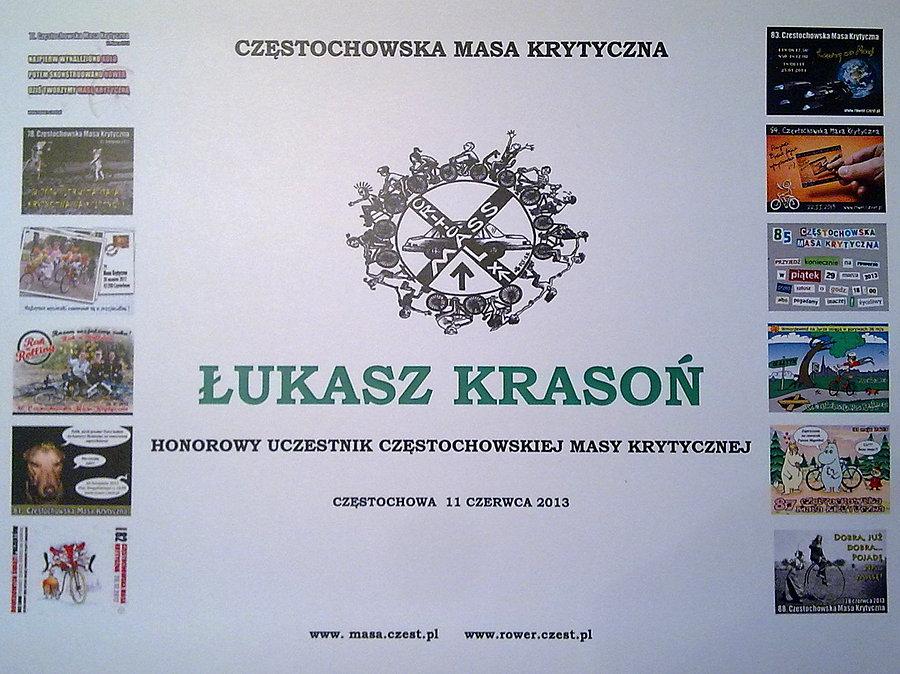 Dyplom Honorowego Uczestnika CzMK dla Łukasza Krasonia
