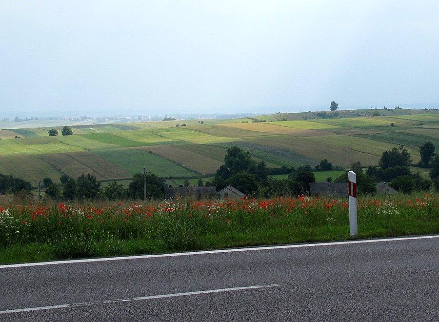 Restki słońca, pola i nadchodząca burza za Miechowem