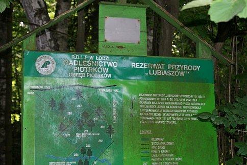 Tablica info, nieco niewyraźna, otulona zielenią