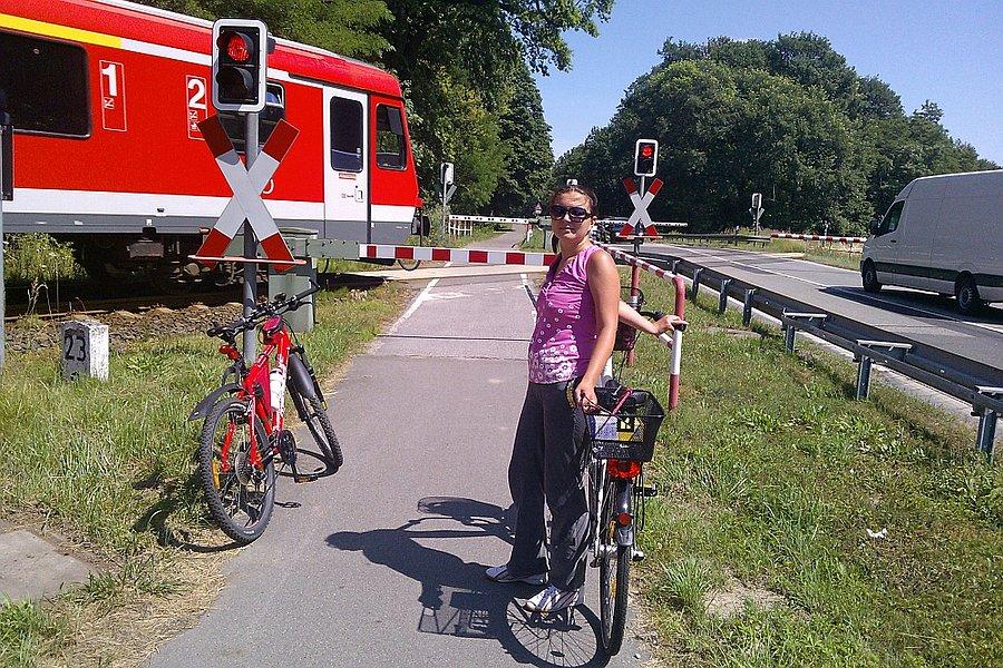 Przejazd kolejowy w Löcknitz z osobnymi szlabanami dla rowerzystów