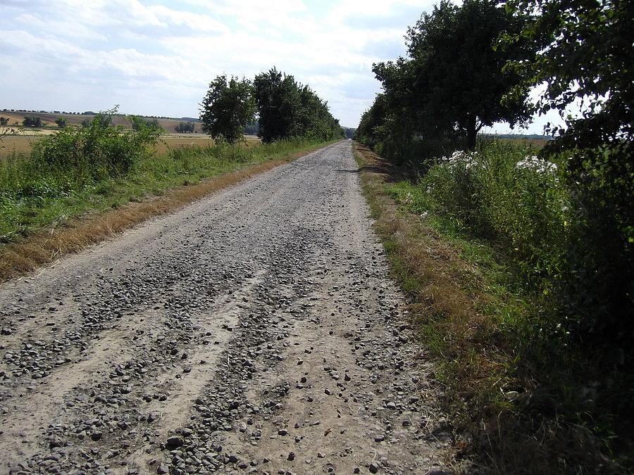 Trebom i droga w kierunku granicy. Ponad dwa kilometry idę pieszo