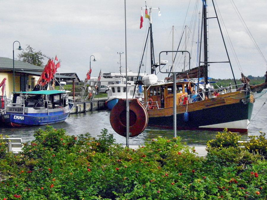 Port rybacki w Altwarp - wpływa kuter kursujący do Nowego Warpna za 3 euro
