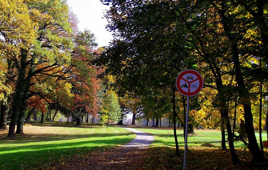 Šilheřovice, park pałacowy i pola golfowe. Znak drogowy to niespodzianka, jeszcze niedawno można było jeździć tu rowerem
