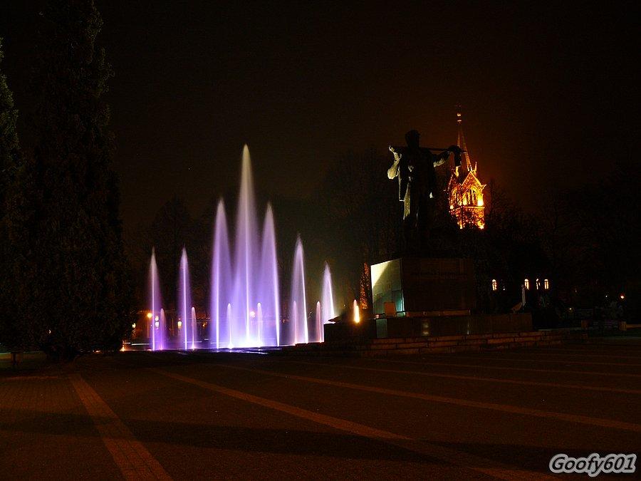 Pstrowski z fontanną w tle