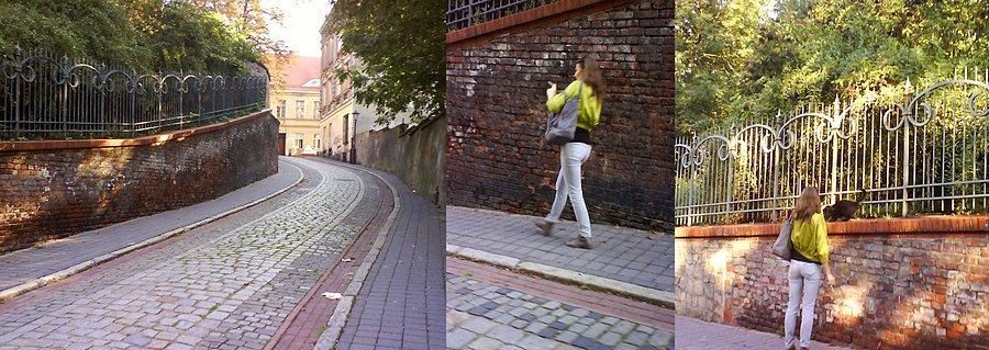 Stroma, zabytkowa uliczka w Gnieźnie, Pani idąca rano do pracy i jej spotkanie z kotem. ;) Takie niby nic a cieszy ;)