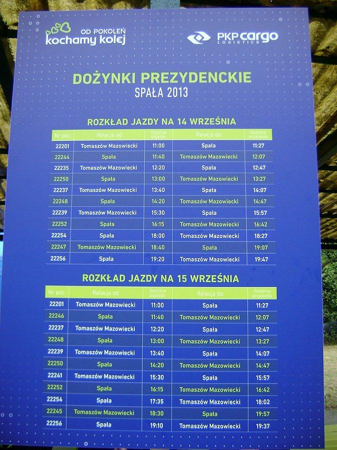 Rozkład jazdy pociągu retro w ramach Dożynek Prezydenckich 2013 na stacji w Spale