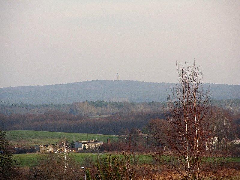 Dziewicza Góra i 40 metrowa wieża p.poż. widokowa na jej szczycie widziana z Moraska