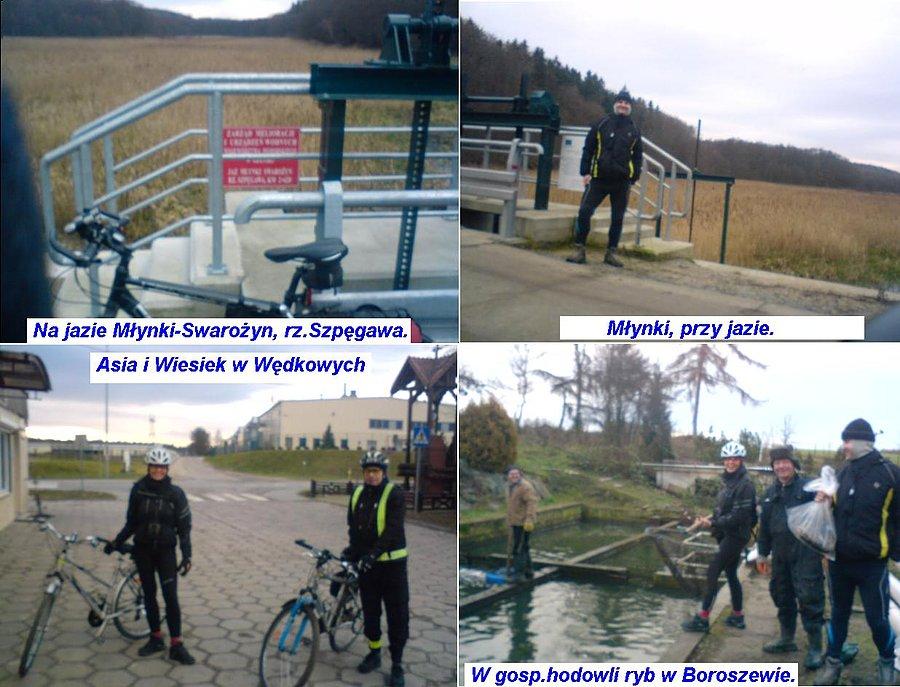 Fotoskładanka przedstawia rowerzystów Darka, Asię i Wieśka. Na górnych zdjęciach jaz na rzece Szpęgawa w Młynkach, a na dolnych przy sklepie w Wędkowych i na gospodarstwie hodowli ryb w Boroszewie
