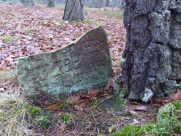 Zniszczona macewa na cmentarzu za Jadowem