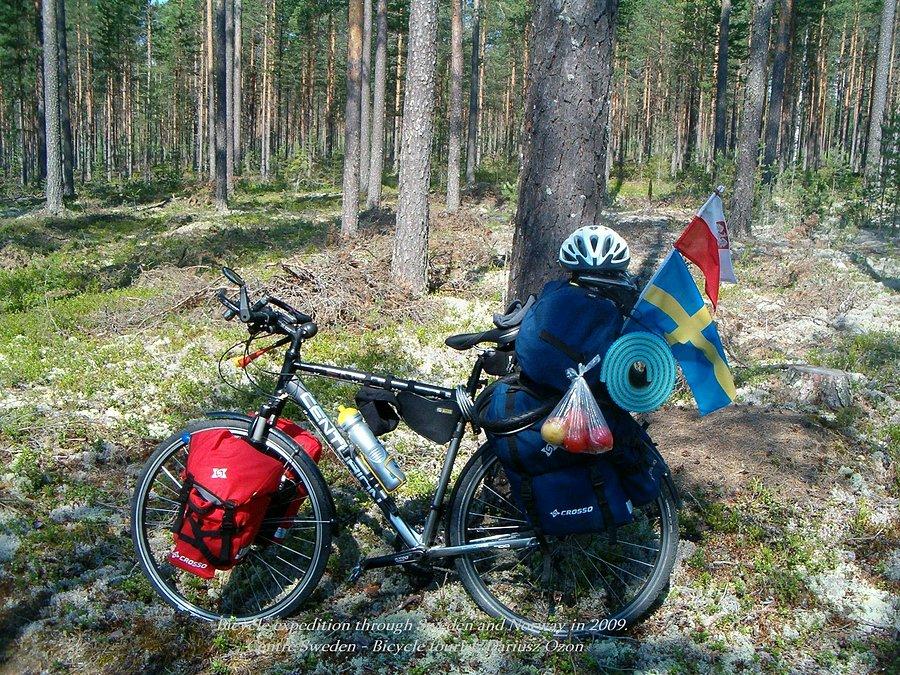 Gdzieś w lasach środkowej Szwecji. Mój rowerek w pełnej okazałości z bagażami. Podczas wyprawy przez Szwecję i Norwegię z 2009 roku