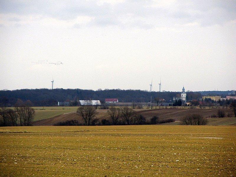 Widok na wieś Iwno i wiatraki w Nekli