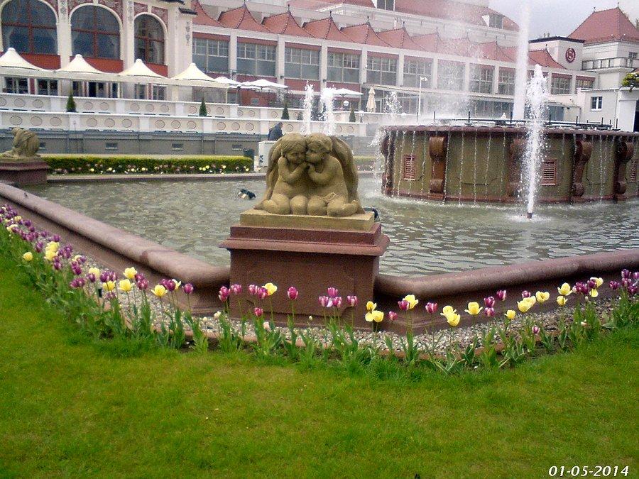 01-05-2014. Piękne tulipany i figurka aniołków przy fontannie na placu przed Molo w Sopocie, zdjęcie zrobione podczas wycieczki rowerowej