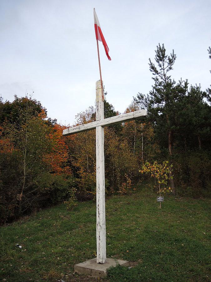 Na szczycie wzgórza / krzyż z flagą i lipa BIETKA