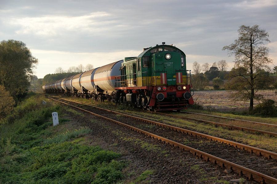 TEM2-187 z cysternami do przewozu gazu skroplonego zbliża się do Twardawy gdzie poczeka na przejazd pociągu osobowego do Nysy