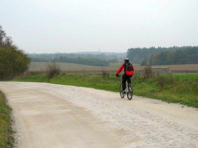 Rowerzysta w drodze do Annowa, a w tle Dziewicza Góra