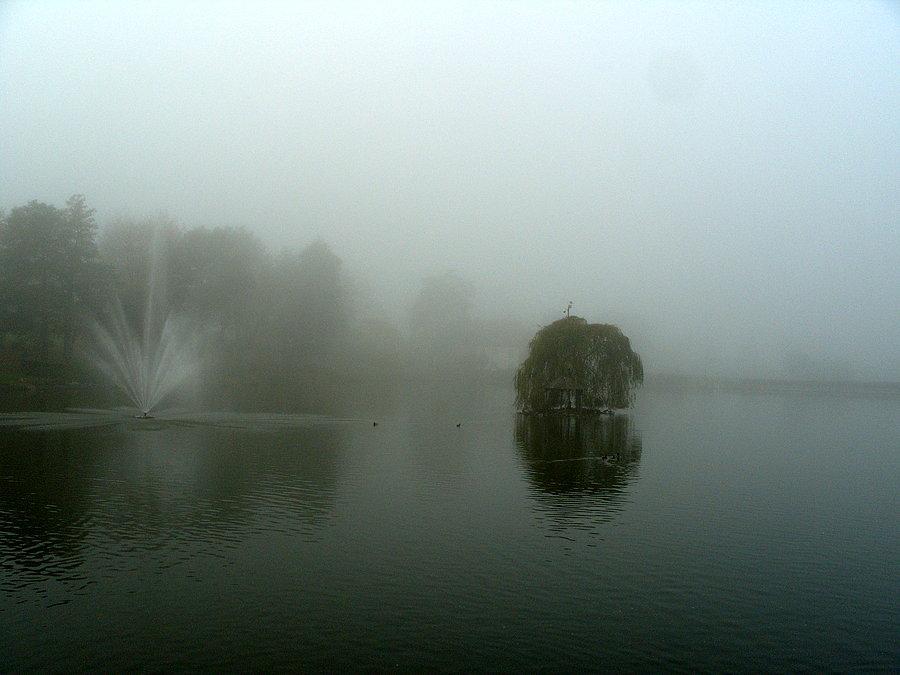 Park Zdrojowy w Kudowie też jeszcze we mgle