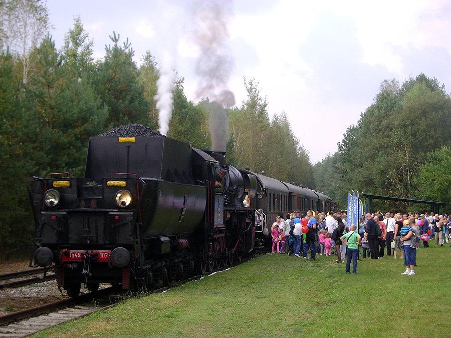 Ty42-107 ze składem retro na stacji kolejowej w Spale