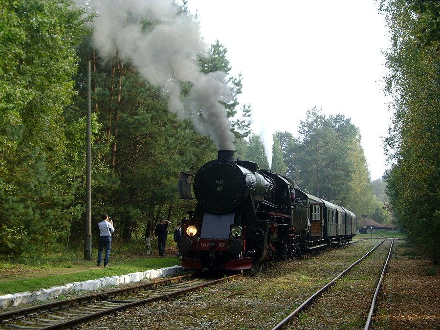 Ty42-107 ze składem retro oczekuje godziny odjazdu ze Spały do Tomaszowa Mazowieckiego
