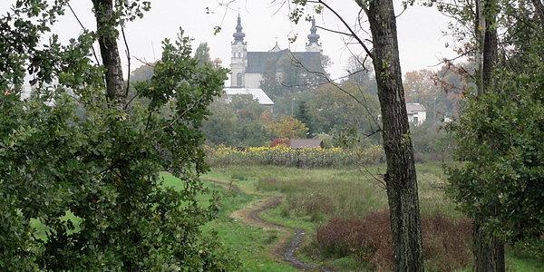 Ścieżka przez łąki a w tle kościół pw. Narodzenia NMP przy ulicy Brzeskiej