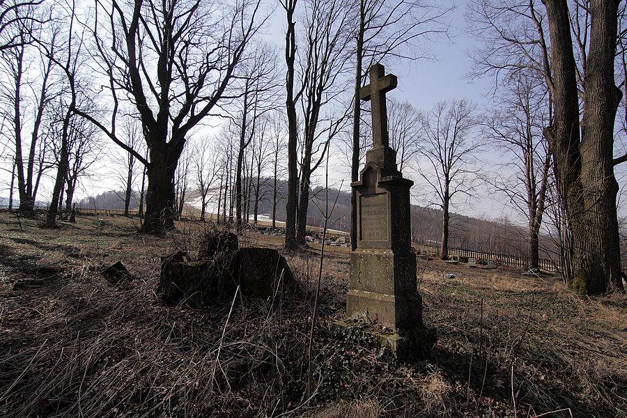 Miejsce po cerkwi, stary cmentarz, w tle sok Kiczera w Puławach Górnych