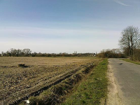 Widok w kierunku zachodnim przy wyjeździe ze wsi Kaski. W dalekiej perspektywie widoczne wieże i sylwetka kościoła parafialnego w Szymanowie