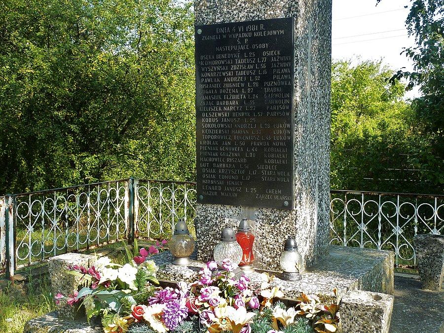 Krzyż upamiętniający ofiary katastrofy kolejowej z 4.06.1981 r. Pociąg osobowy zderzył się czołowo z jadącym po tym samym torze skłądem towarowym. Zginęło 25 osób