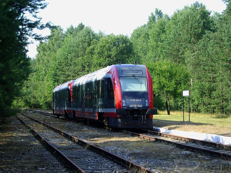 SA135-019+SA135-020 jako pociąg 21502 do Łodzi Kaliskiej oczekuje godziny odjazdu na stacji kolejowej w Spale